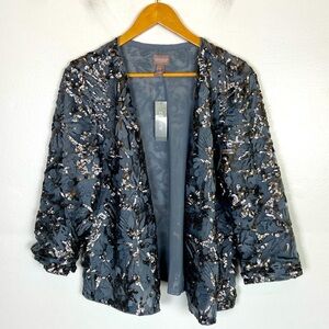 Chico's Sequin Embroidered 3/4 Sleeves Duster Cardigan Sz 1 US M Gray Boho Mesh